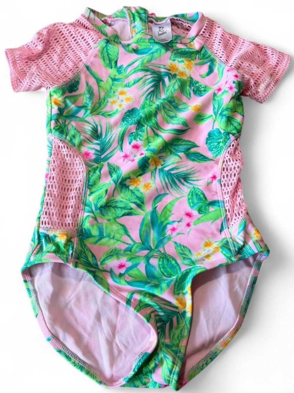 art class Pink Swim One-Piece with Green Tropical Leaves